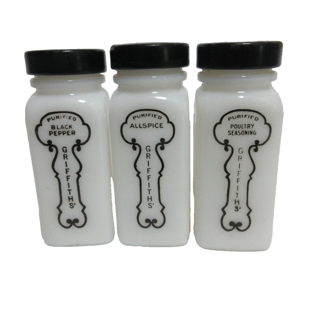 GRIFFITH'S LABORATORIES 4" Milk Glass Spice Bottle with Black Lids Lot of 3 Deco